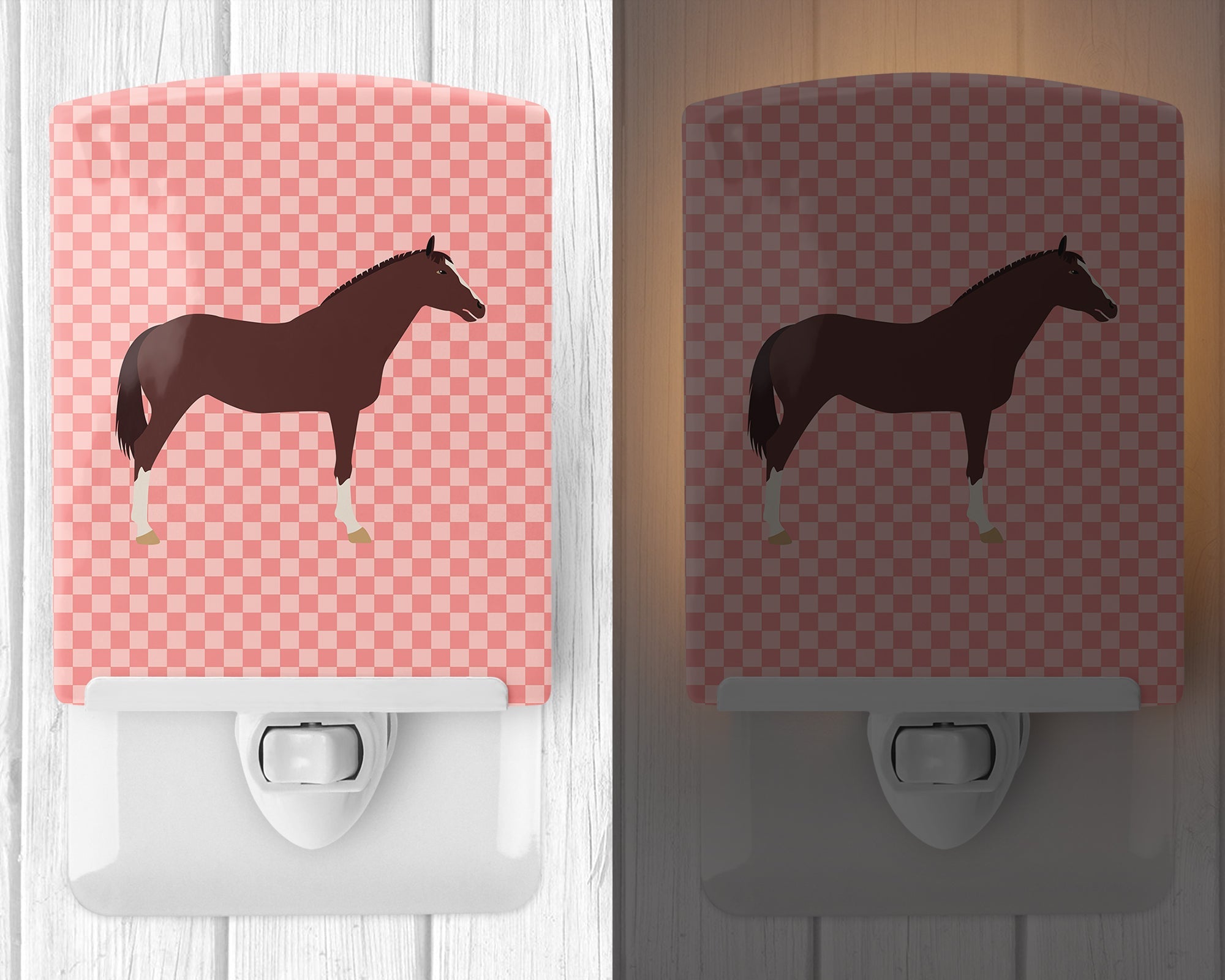 English Thoroughbred Horse Pink Check Ceramic Night Light Compact, UL-Certified, Ideal for Bedroom, Bathroom, Nursery, Hallway, Kitchen, 6x4x3, Multicolor