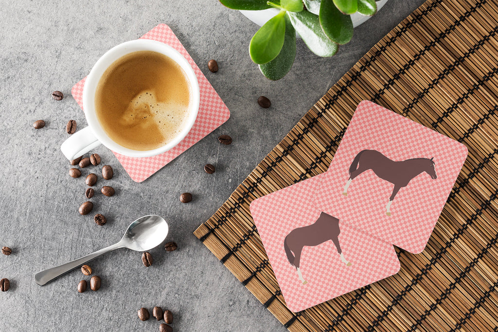 English Thoroughbred Horse Pink Check Foam Coasters Set of 4 Cup Coasters for Indoor Outdoor, Tabletop Protection, Anti Slip, Mouse pad Material