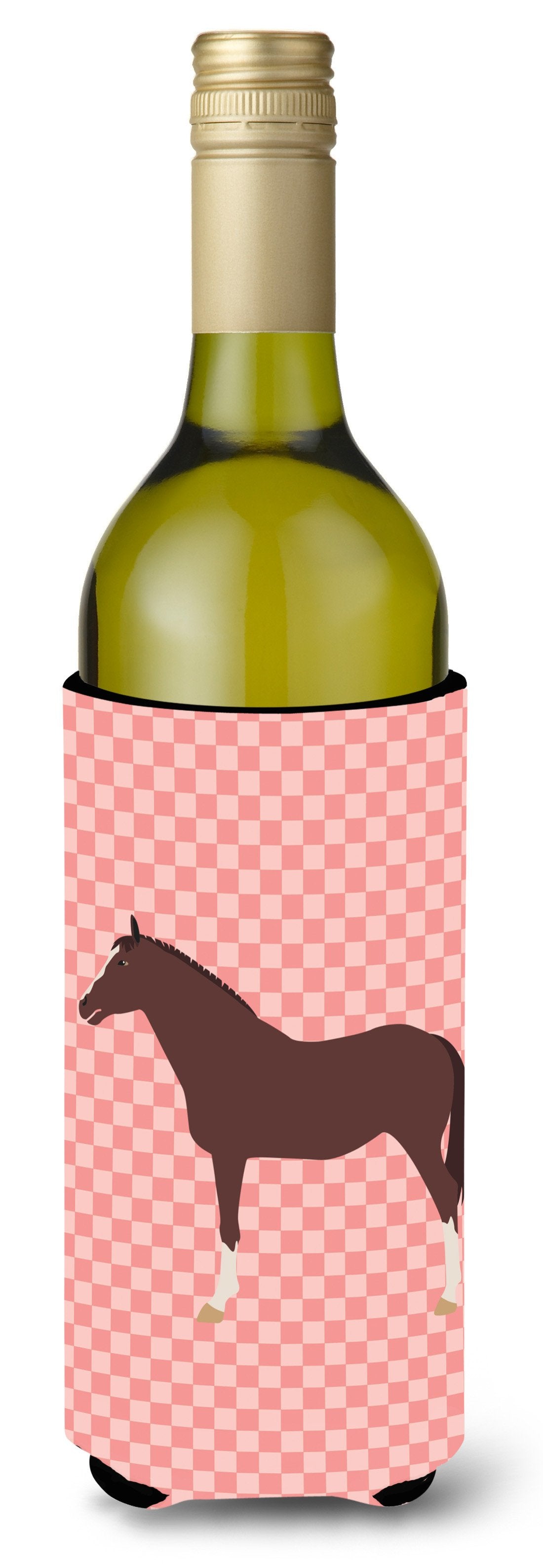 English Thoroughbred Horse Pink Check Wine Bottle Hugger Gift Sleeve for Standard 750 ml Bottles, Insulated Reusable Also Fits Mini Shot & Pint Bottles