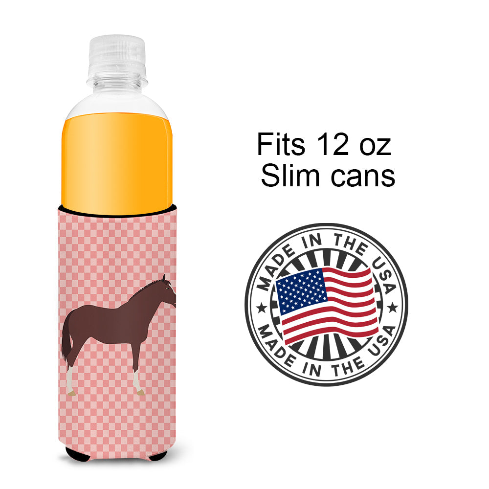 English Thoroughbred Horse Pink Check Slim Can Hugger , Insulated Foam Hugger for 12 oz Slim Cans, Beer Bottles & Water Bottles, Printed in USA