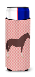 English Thoroughbred Horse Pink Check Slim Can Hugger , Insulated Foam Hugger for 12 oz Slim Cans, Beer Bottles & Water Bottles, Printed in USA