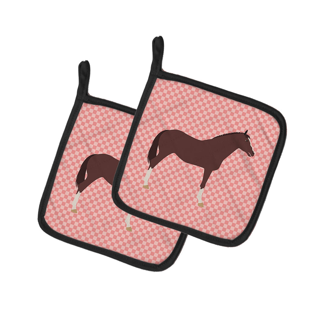 English Thoroughbred Horse Pink Check Pot Holder Set of 2 Heat Resistant Quilted Hot Pads 7.5 x 7.5 Inch, Insulated Kitchen Trivets for Cooking & Baking