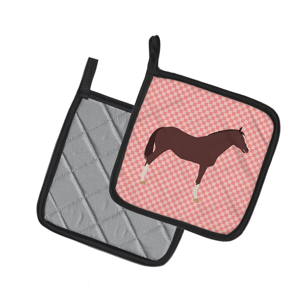 English Thoroughbred Horse Pink Check Pot Holder Set of 2 Heat Resistant Quilted Hot Pads 7.5 x 7.5 Inch, Insulated Kitchen Trivets for Cooking & Baking