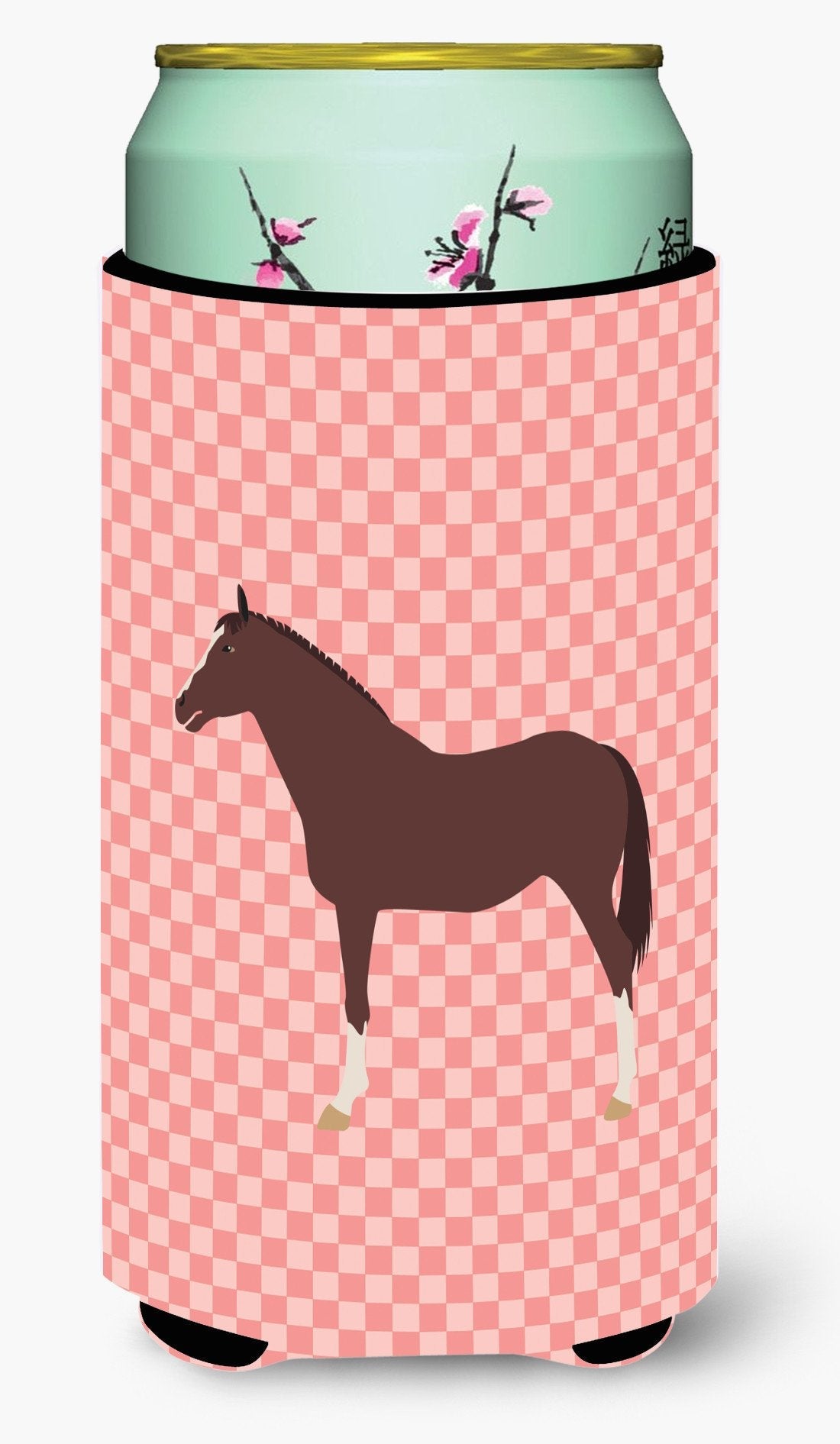 English Thoroughbred Horse Pink Check Tall Boy Hugger Can Cooler Sleeve Machine Washable Drink Collapsible Insulator Beverage Insulated Holder
