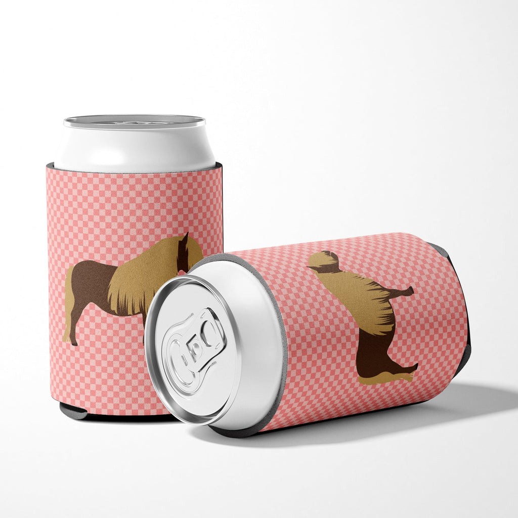 Shetland Pony Horse Pink Check Can or Bottle Hugger Cooler Sleeve for Standard 12 oz Cans, Insulated Foam Beer & Soda Can Hugger Reusable