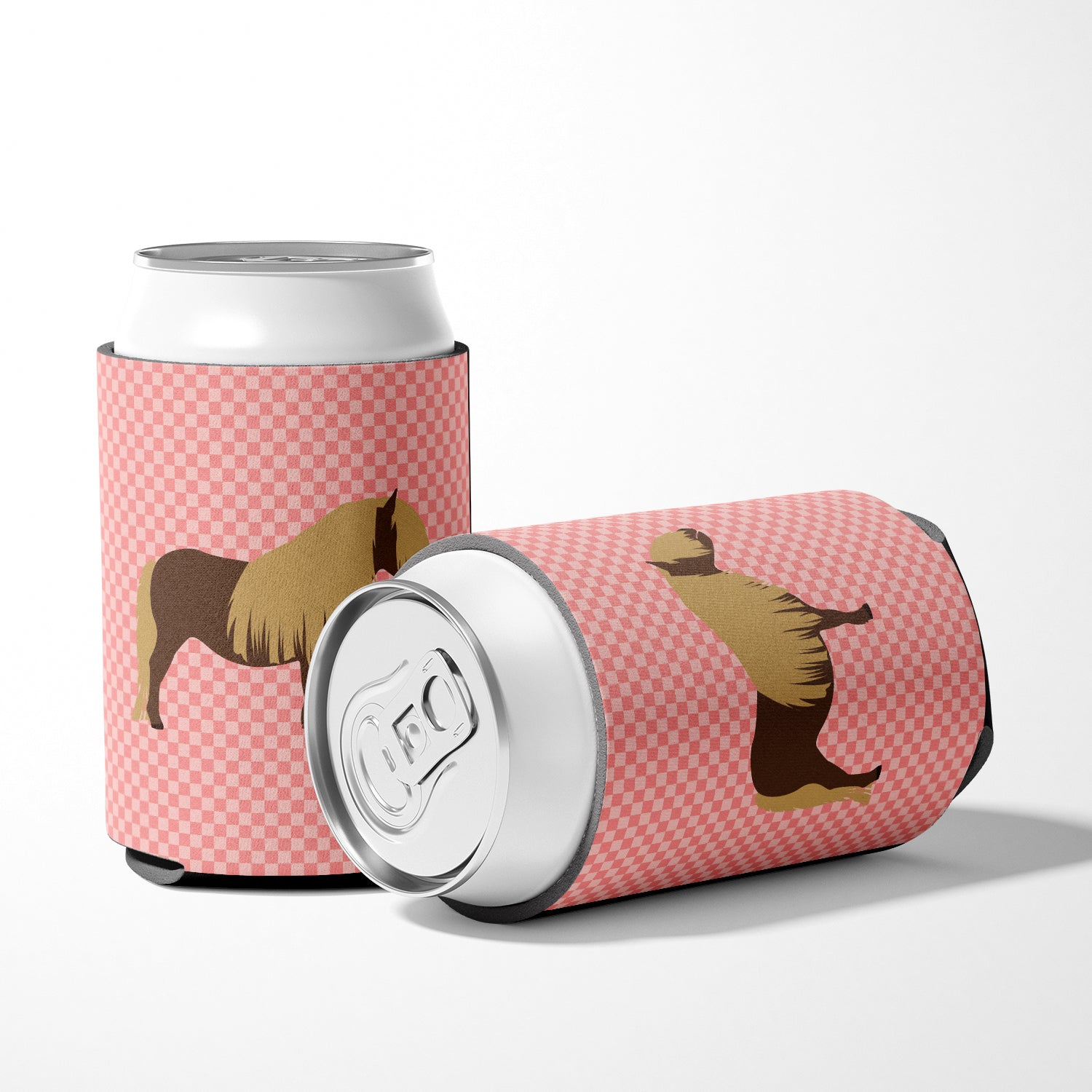 Shetland Pony Horse Pink Check Can or Bottle Hugger Cooler Sleeve for Standard 12 oz Cans, Insulated Foam Beer & Soda Can Hugger Reusable