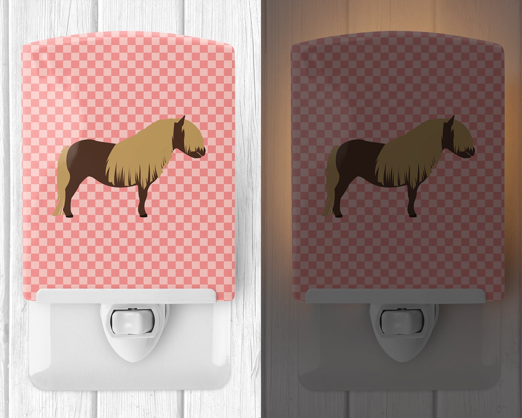 Shetland Pony Horse Pink Check Ceramic Night Light Compact, UL-Certified, Ideal for Bedroom, Bathroom, Nursery, Hallway, Kitchen, 6x4x3, Multicolor