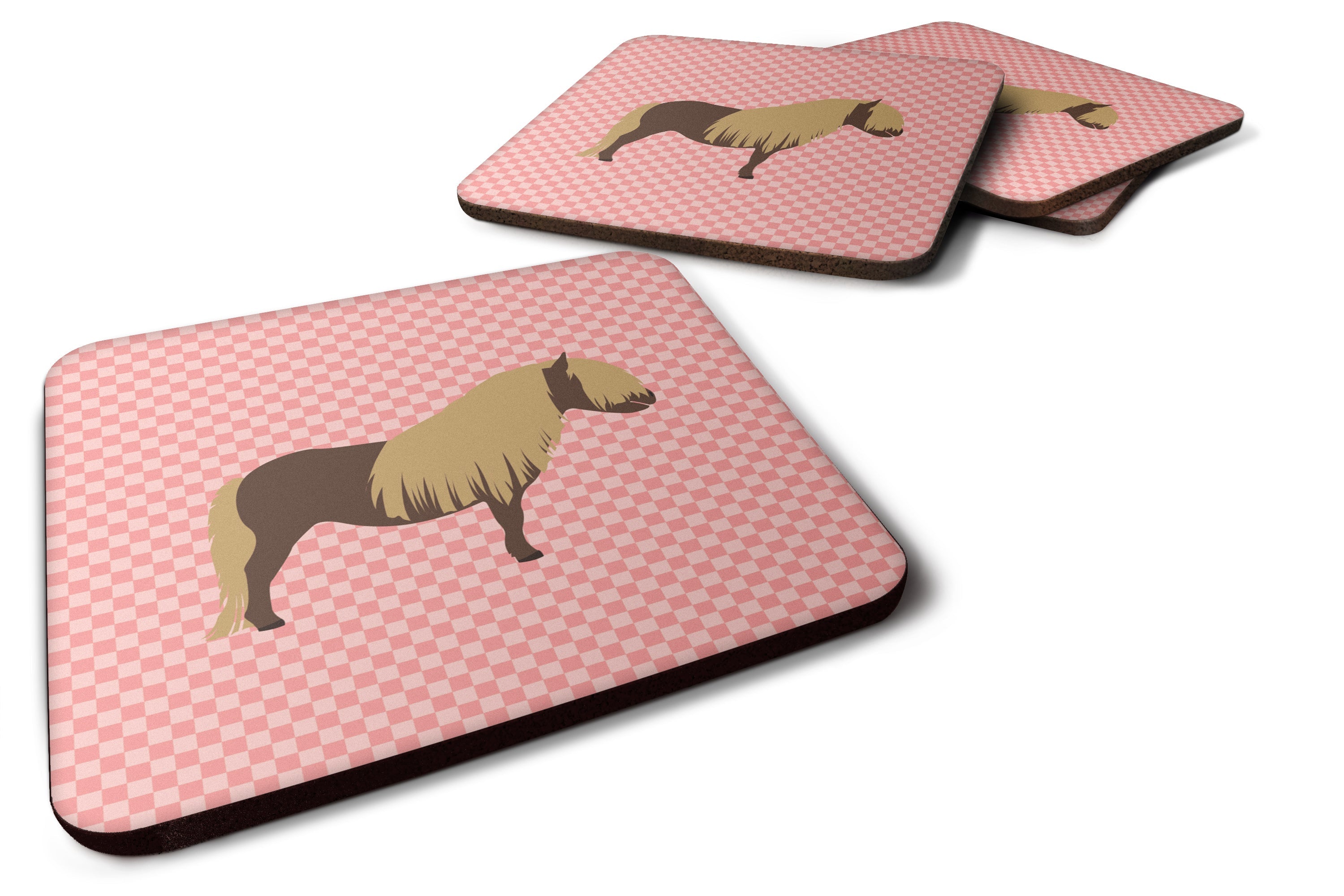 Shetland Pony Horse Pink Check Foam Coasters Set of 4 Cup Coasters for Indoor Outdoor, Tabletop Protection, Anti Slip, Mouse pad Material