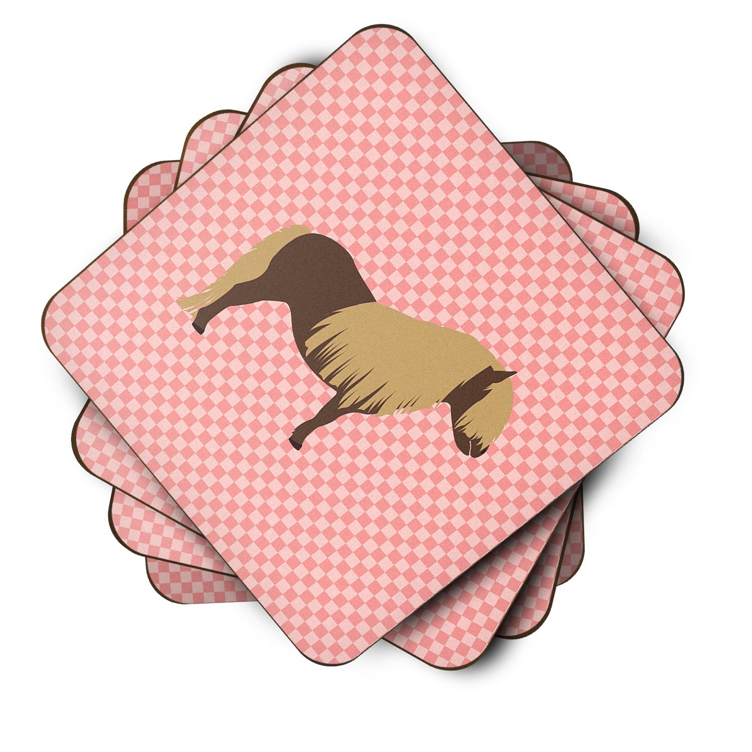 Shetland Pony Horse Pink Check Foam Coasters Set of 4 Cup Coasters for Indoor Outdoor, Tabletop Protection, Anti Slip, Mouse pad Material