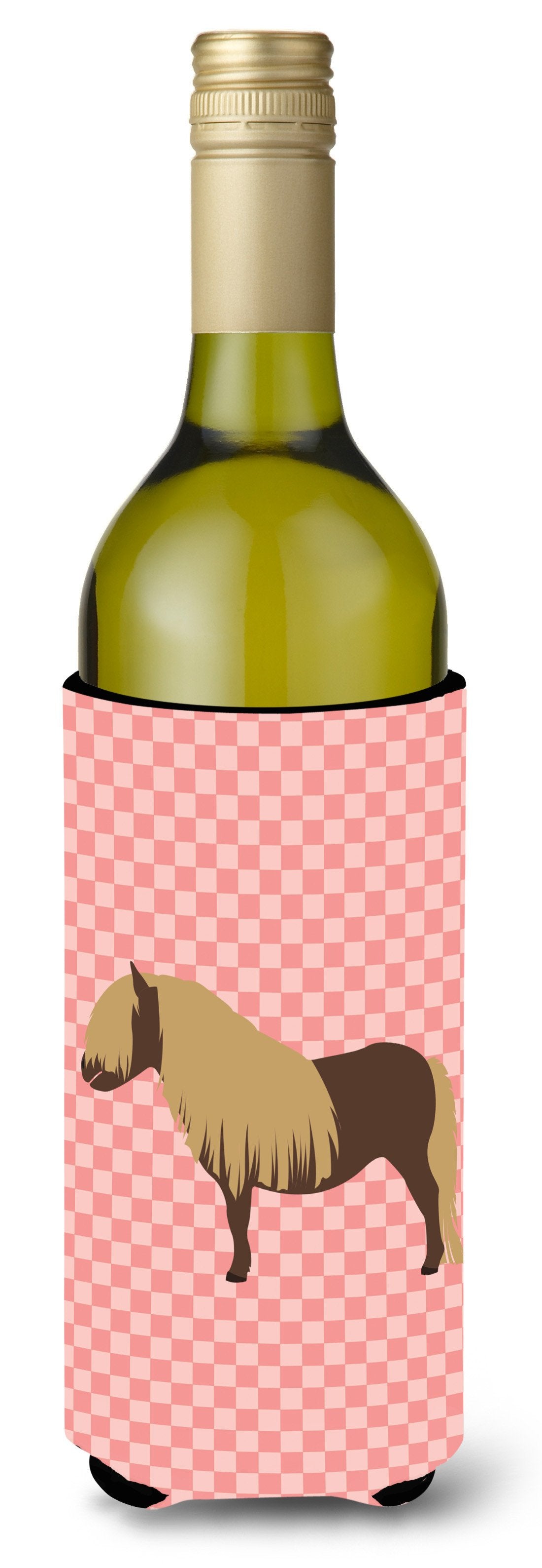 Shetland Pony Horse Pink Check Wine Bottle Hugger Gift Sleeve for Standard 750 ml Bottles, Insulated Reusable Also Fits Mini Shot & Pint Bottles