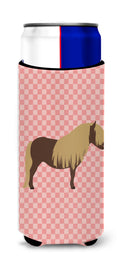 Shetland Pony Horse Pink Check Slim Can Hugger , Insulated Foam Hugger for 12 oz Slim Cans, Beer Bottles & Water Bottles, Printed in USA