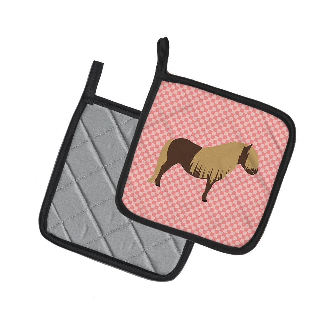 Shetland Pony Horse Pink Check Pot Holder Set of 2 Heat Resistant Quilted Hot Pads 7.5 x 7.5 Inch, Insulated Kitchen Trivets for Cooking & Baking