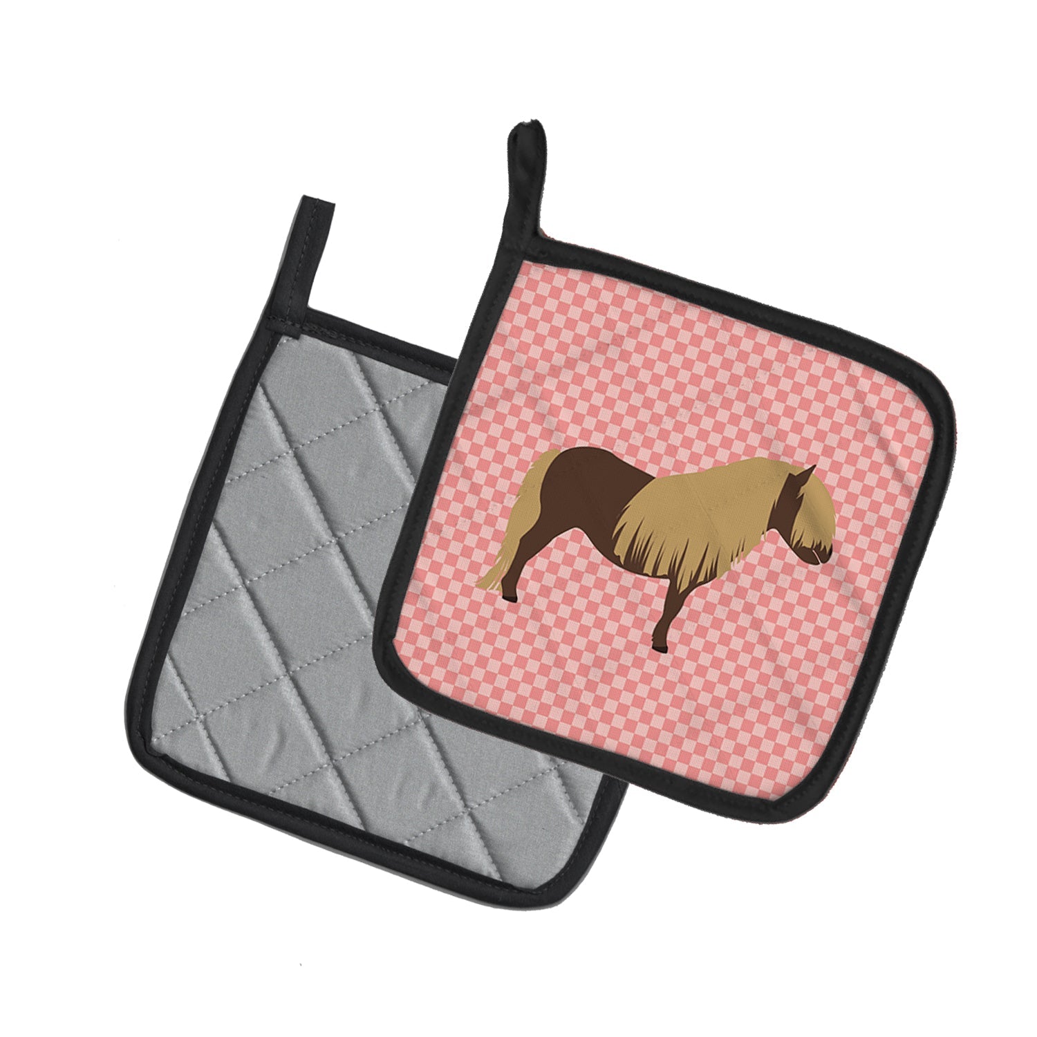 Shetland Pony Horse Pink Check Pot Holder Set of 2 Heat Resistant Quilted Hot Pads 7.5 x 7.5 Inch, Insulated Kitchen Trivets for Cooking & Baking