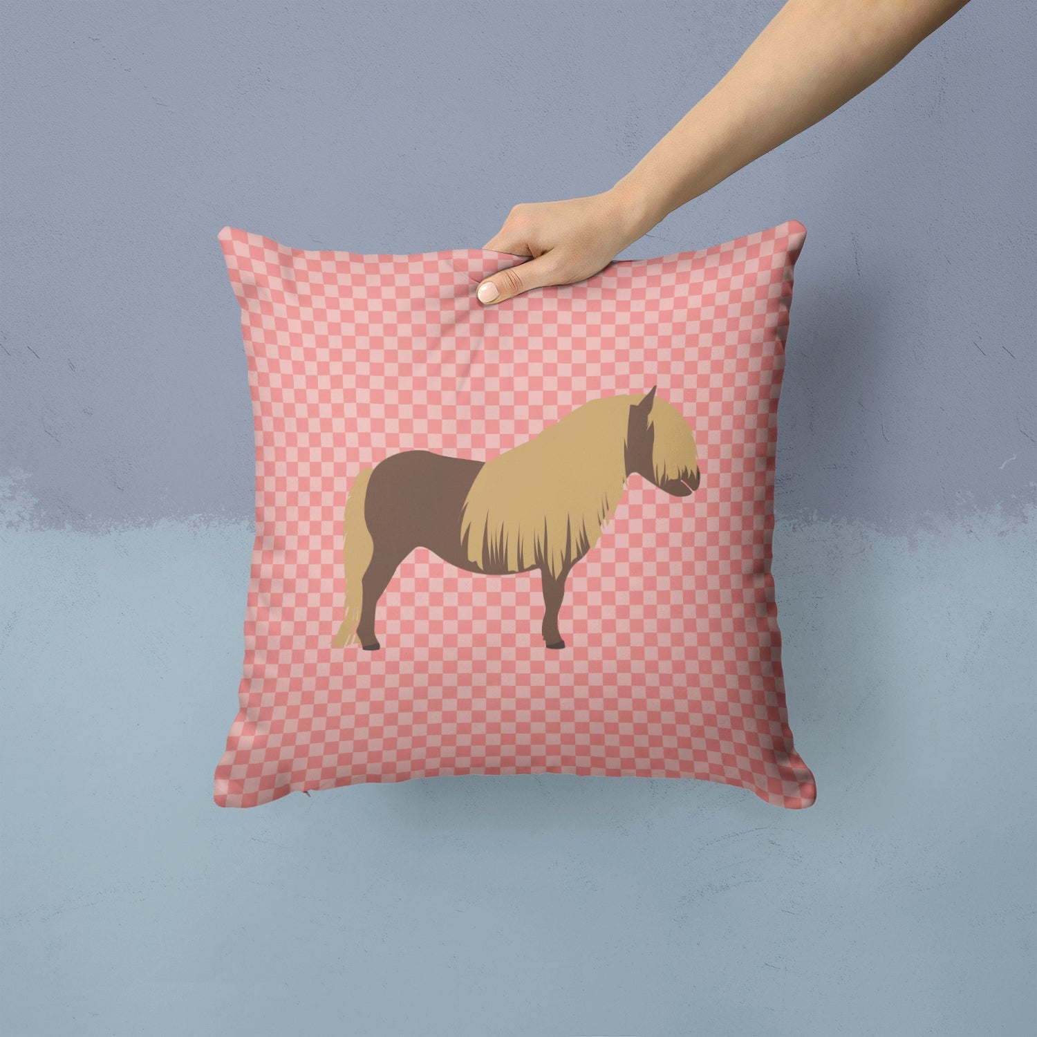 Shetland Pony Horse Pink Check Decorative Throw Pillow 14x14 Indoor Outdoor Accent Cushion, Fabric Cover with Insert for Sofa, Bed, Porch & Living Room