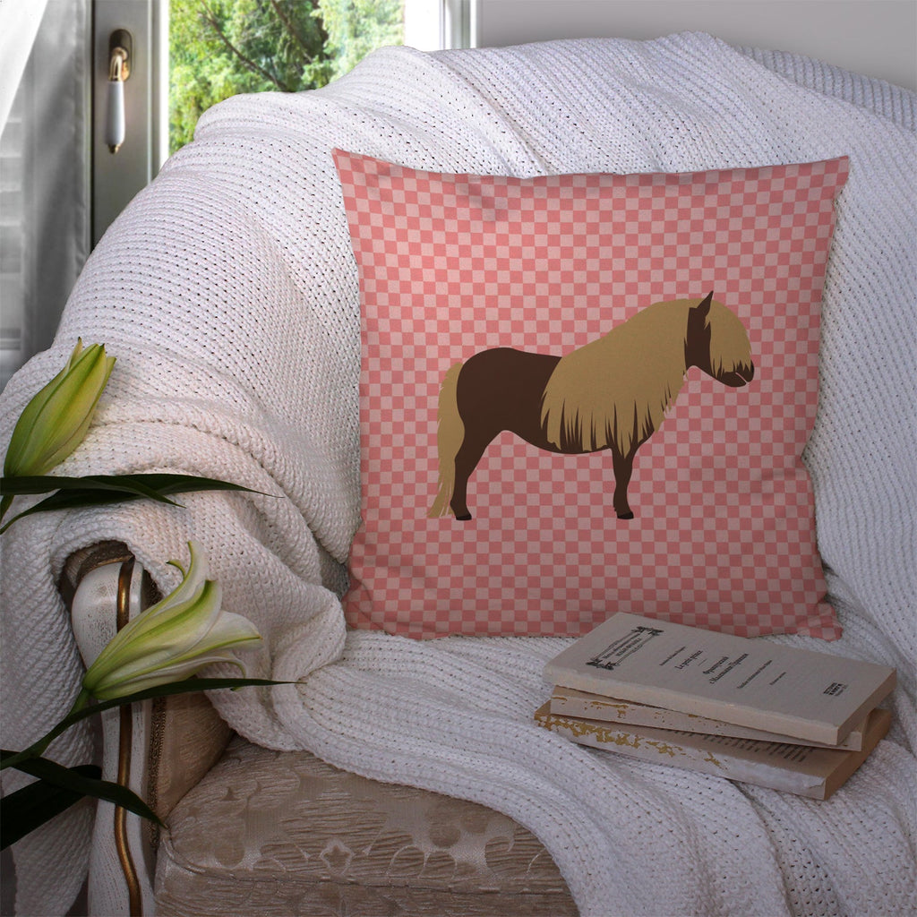Shetland Pony Horse Pink Check Decorative Throw Pillow 14x14 Indoor Outdoor Accent Cushion, Fabric Cover with Insert for Sofa, Bed, Porch & Living Room