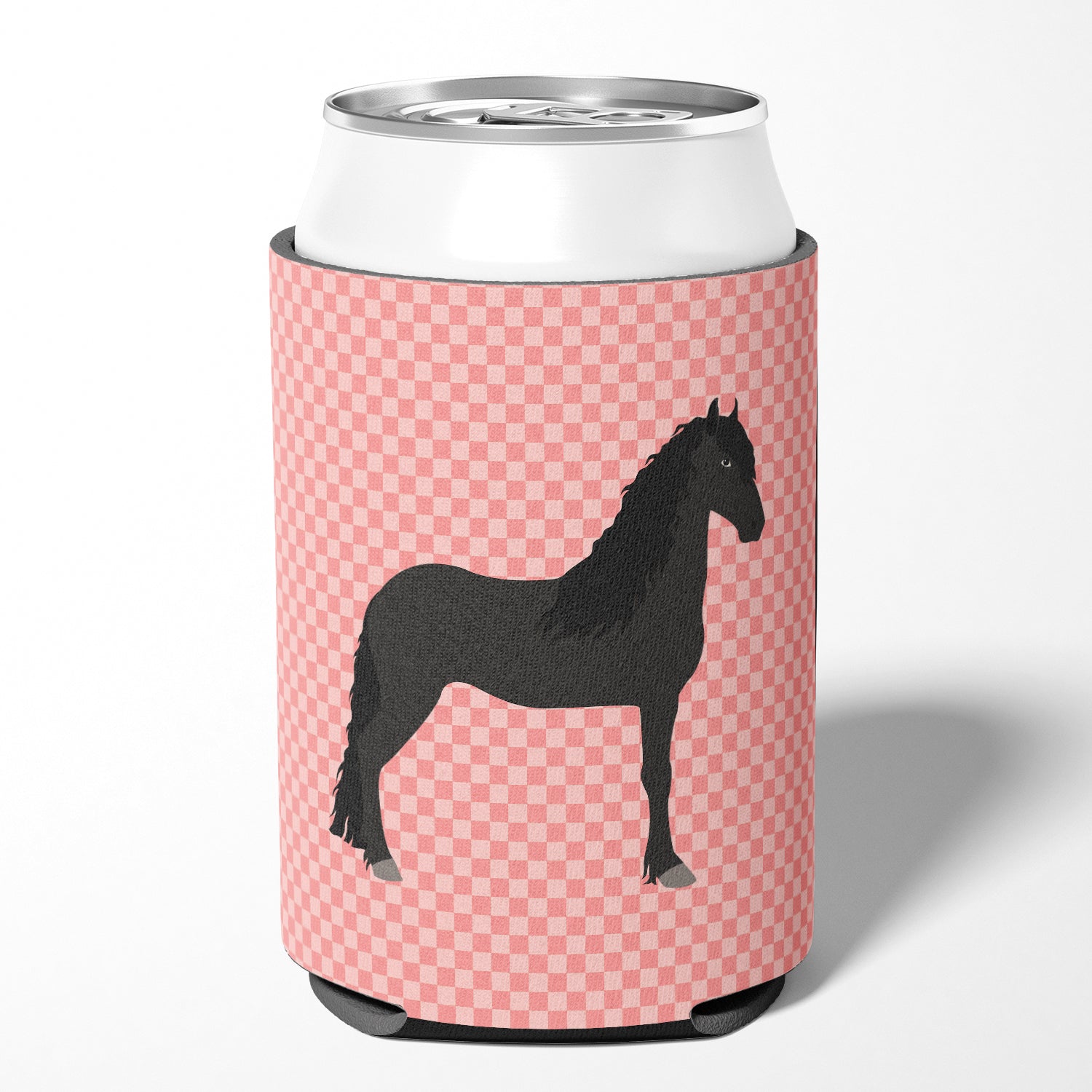 Friesian Horse Pink Check Can or Bottle Hugger Cooler Sleeve for Standard 12 oz Cans, Insulated Foam Beer & Soda Can Hugger Reusable