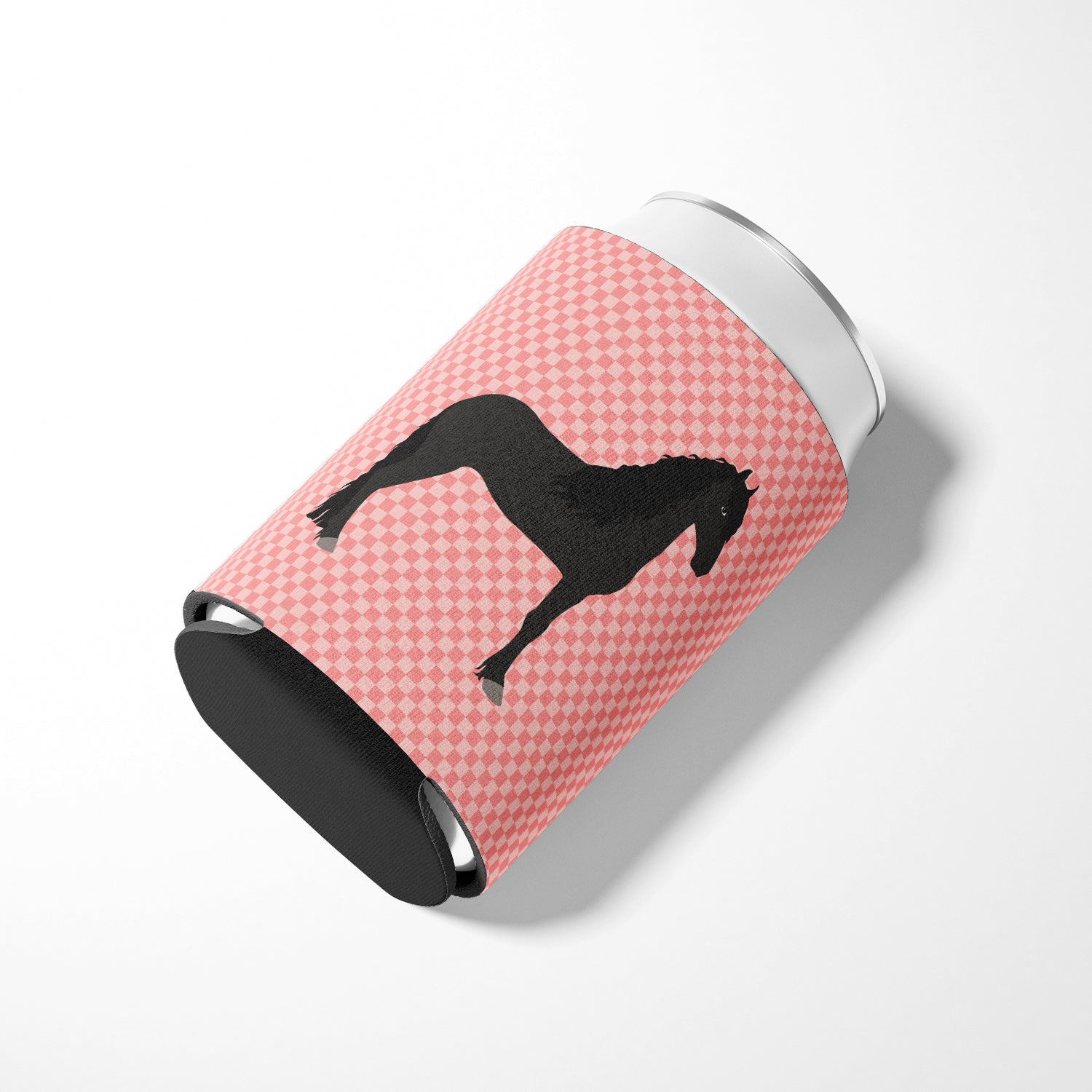 Friesian Horse Pink Check Can or Bottle Hugger Cooler Sleeve for Standard 12 oz Cans, Insulated Foam Beer & Soda Can Hugger Reusable