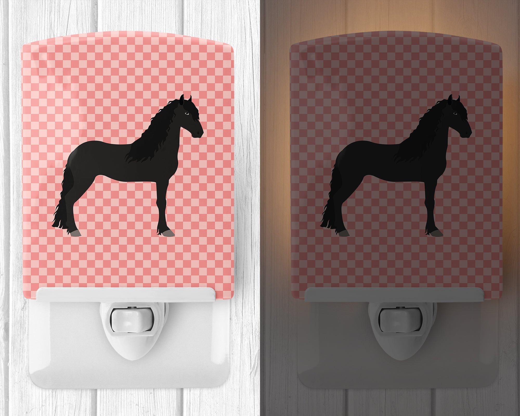 Friesian Horse Pink Check Ceramic Night Light Compact, UL-Certified, Ideal for Bedroom, Bathroom, Nursery, Hallway, Kitchen, 6x4x3, Multicolor