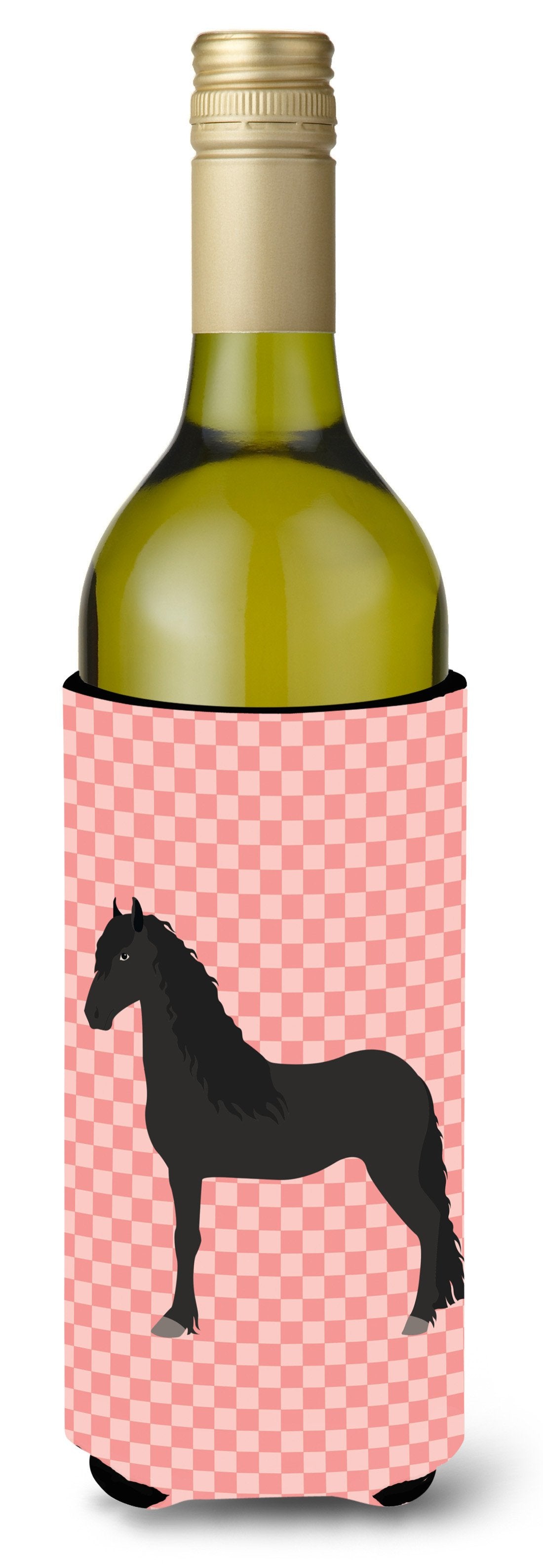 Friesian Horse Pink Check Wine Bottle Hugger Gift Sleeve for Standard 750 ml Bottles, Insulated Reusable Also Fits Mini Shot & Pint Bottles