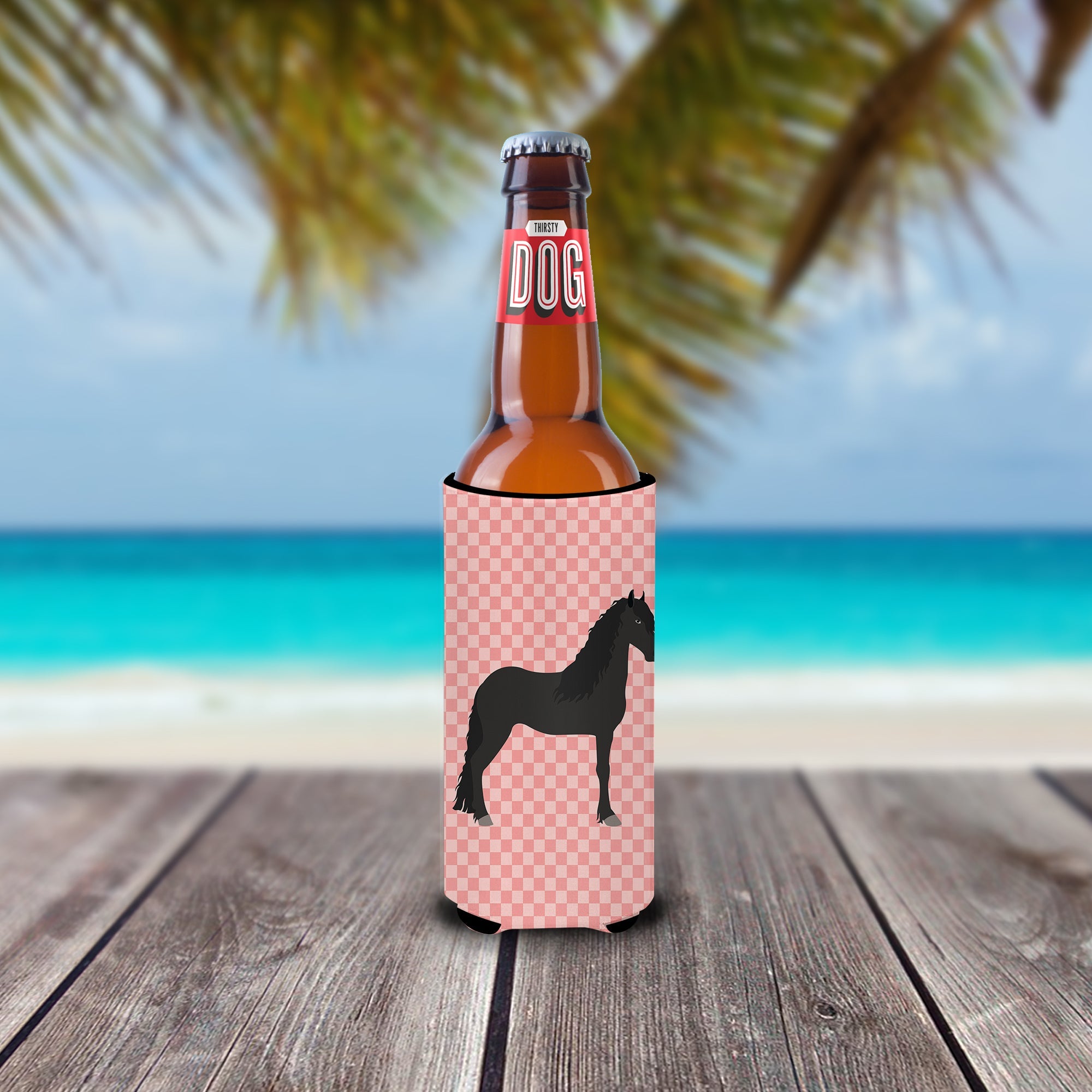 Friesian Horse Pink Check Slim Can Hugger , Insulated Foam Hugger for 12 oz Slim Cans, Beer Bottles & Water Bottles, Printed in USA