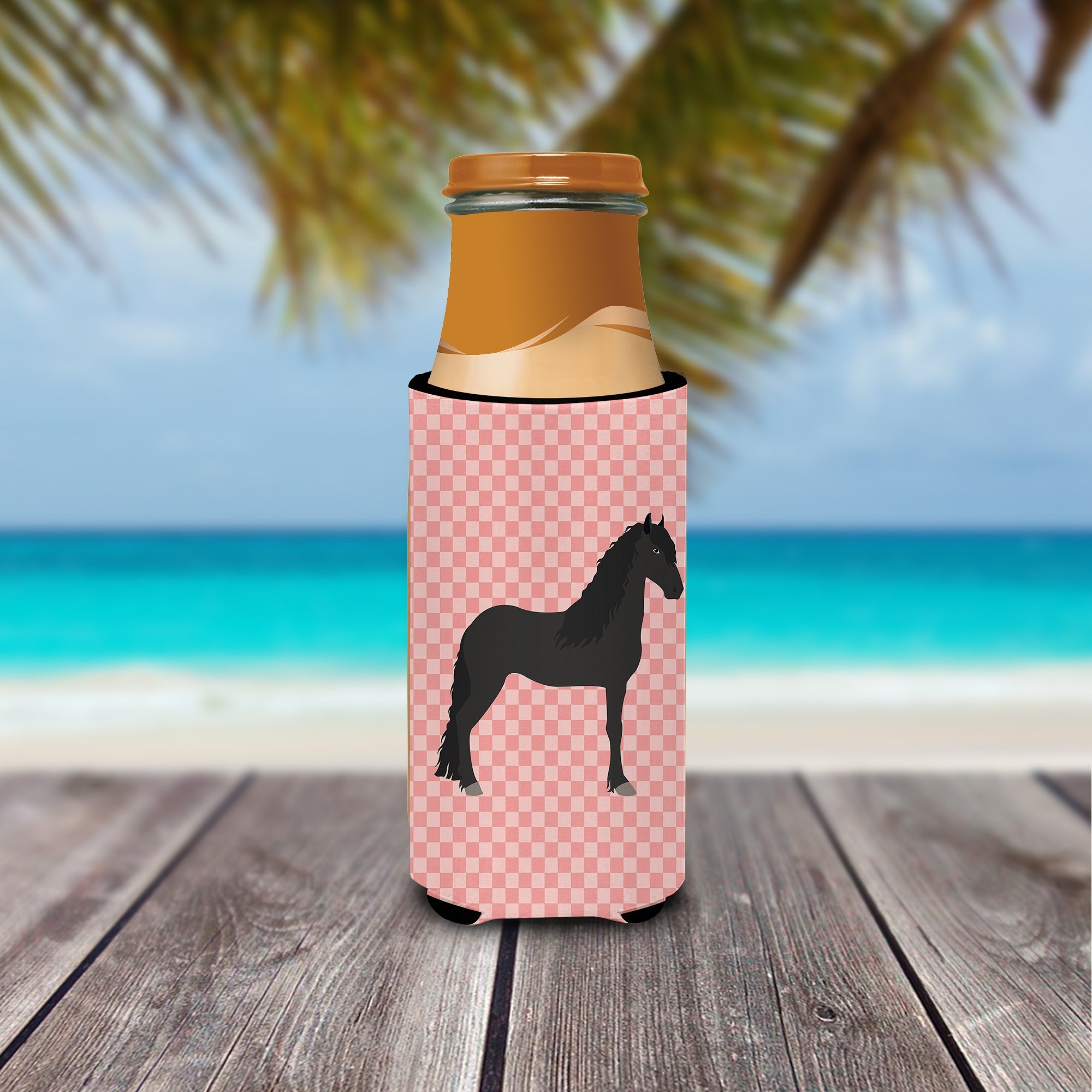 Friesian Horse Pink Check Slim Can Hugger , Insulated Foam Hugger for 12 oz Slim Cans, Beer Bottles & Water Bottles, Printed in USA