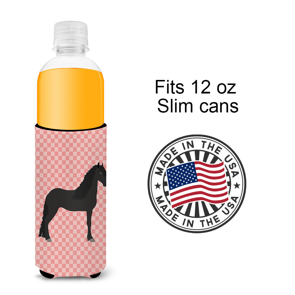 Friesian Horse Pink Check Slim Can Hugger , Insulated Foam Hugger for 12 oz Slim Cans, Beer Bottles & Water Bottles, Printed in USA