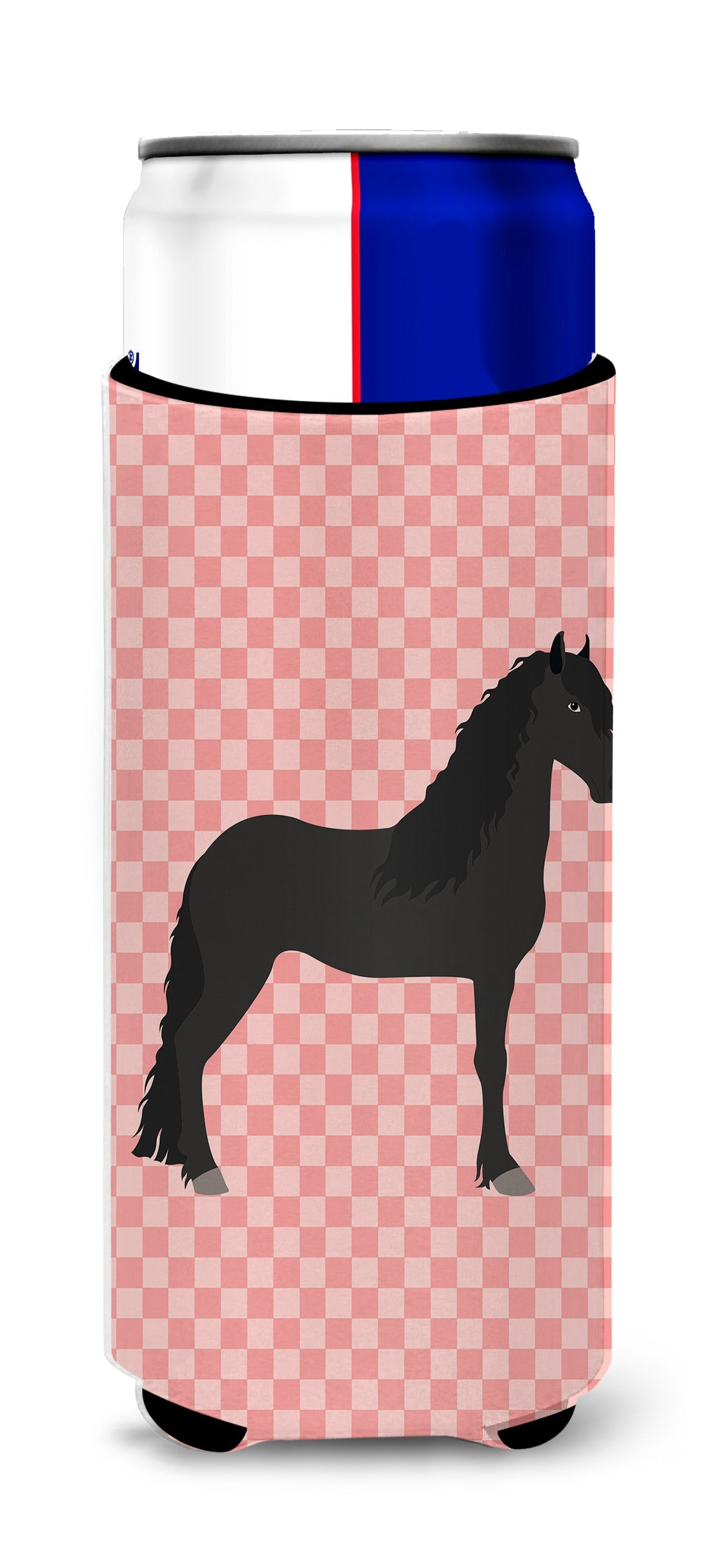 Friesian Horse Pink Check Slim Can Hugger , Insulated Foam Hugger for 12 oz Slim Cans, Beer Bottles & Water Bottles, Printed in USA