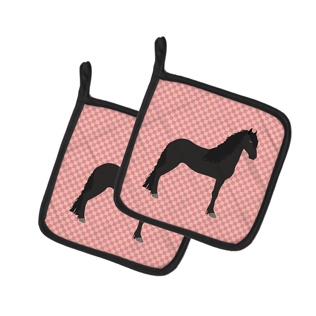 Friesian Horse Pink Check Pot Holder Set of 2 Heat Resistant Quilted Hot Pads 7.5 x 7.5 Inch, Insulated Kitchen Trivets for Cooking & Baking