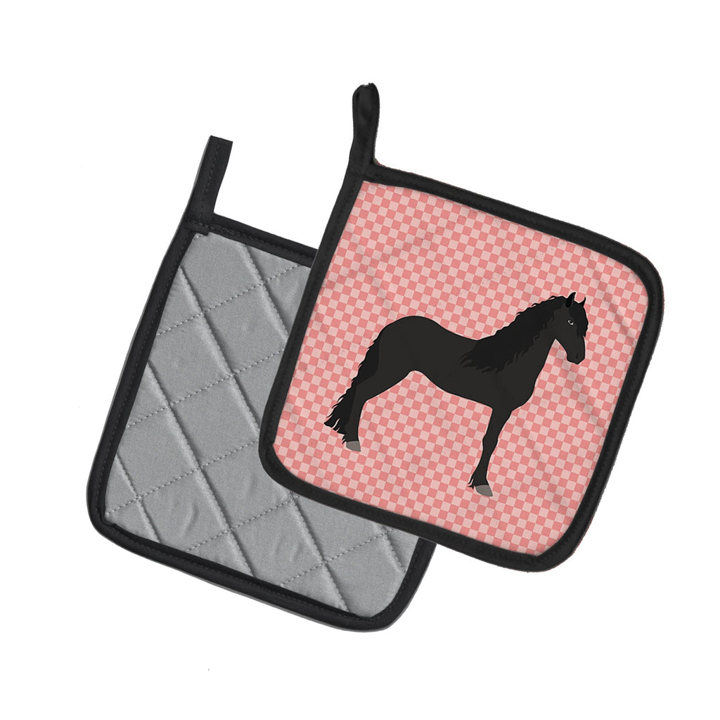 Friesian Horse Pink Check Pot Holder Set of 2 Heat Resistant Quilted Hot Pads 7.5 x 7.5 Inch, Insulated Kitchen Trivets for Cooking & Baking