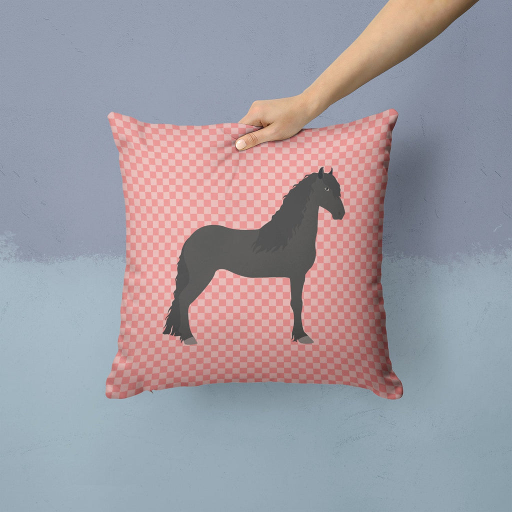 Friesian Horse Pink Check Decorative Throw Pillow 14x14 Indoor Outdoor Accent Cushion, Fabric Cover with Insert for Sofa, Bed, Porch & Living Room