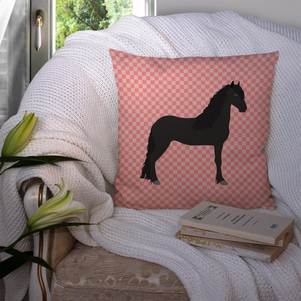 Friesian Horse Pink Check Decorative Throw Pillow 14x14 Indoor Outdoor Accent Cushion, Fabric Cover with Insert for Sofa, Bed, Porch & Living Room