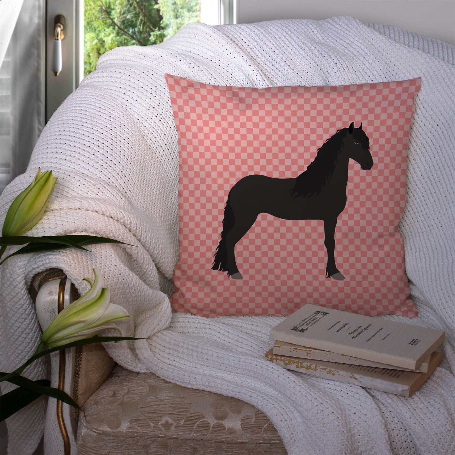 Friesian Horse Pink Check Decorative Throw Pillow 14x14 Indoor Outdoor Accent Cushion, Fabric Cover with Insert for Sofa, Bed, Porch & Living Room
