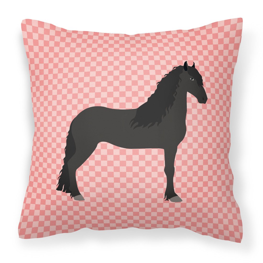 Friesian Horse Pink Check Decorative Throw Pillow 18x18 Indoor Outdoor Accent Cushion, Fabric Cover with Insert for Sofa, Bed, Porch & Living Room