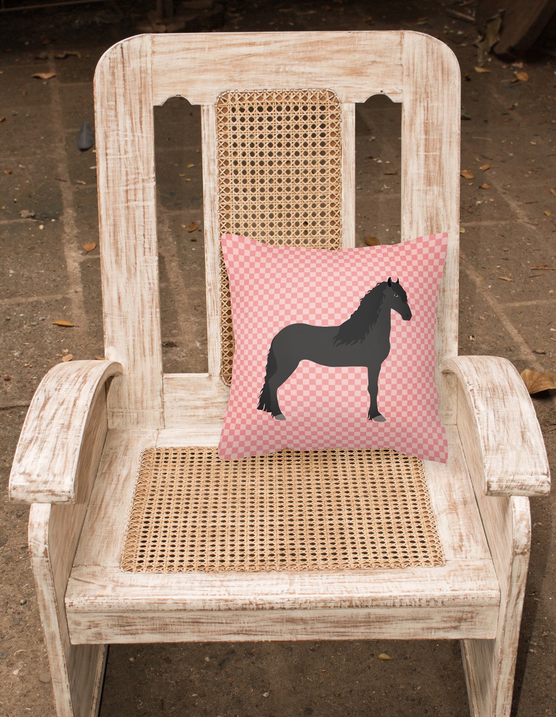 Friesian Horse Pink Check Decorative Throw Pillow 18x18 Indoor Outdoor Accent Cushion, Fabric Cover with Insert for Sofa, Bed, Porch & Living Room