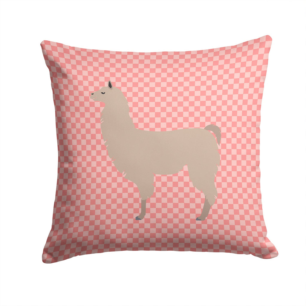 Llama Pink Check Decorative Throw Pillow 14x14 Indoor Outdoor Accent Cushion, Fabric Cover with Insert for Sofa, Bed, Porch & Living Room