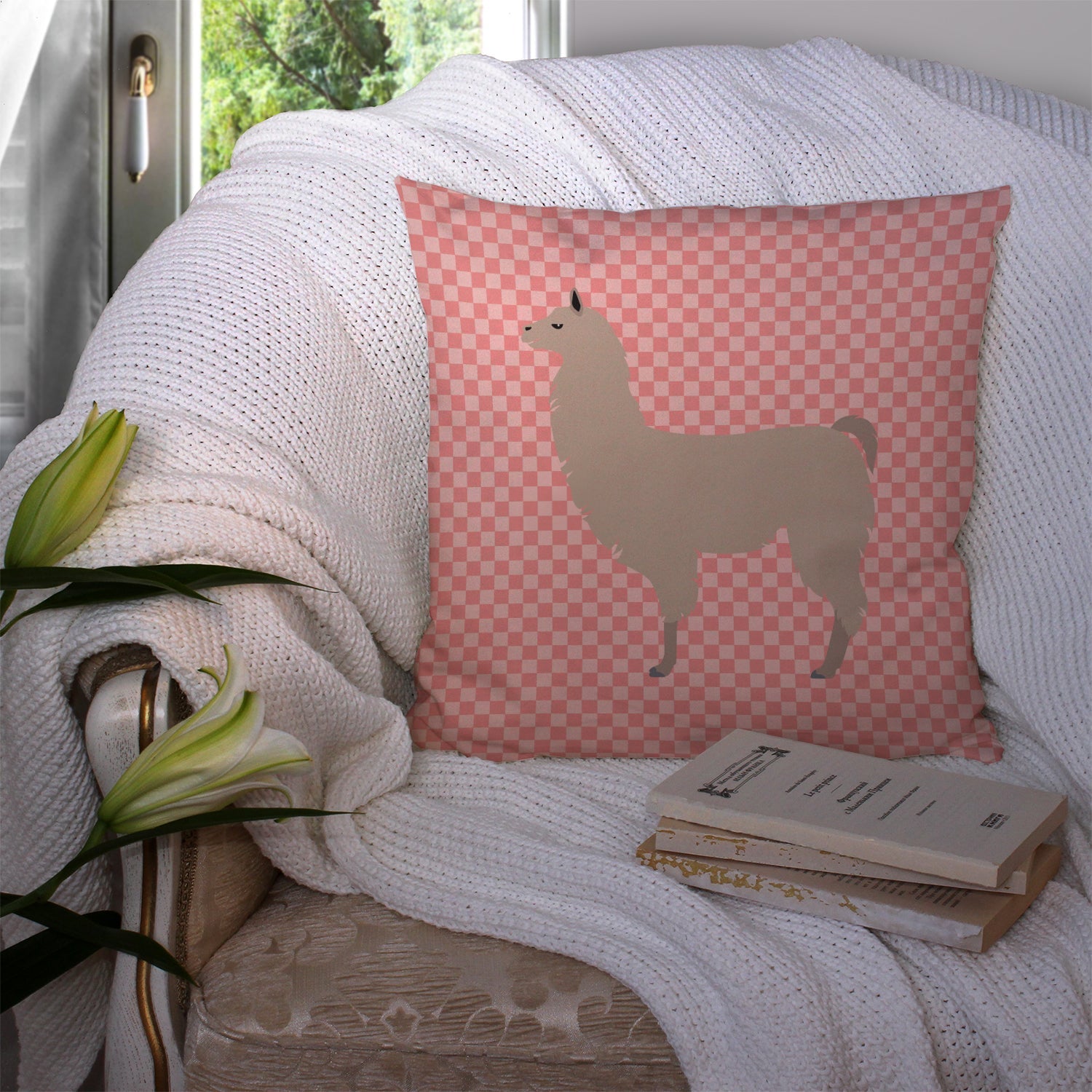Llama Pink Check Decorative Throw Pillow 14x14 Indoor Outdoor Accent Cushion, Fabric Cover with Insert for Sofa, Bed, Porch & Living Room