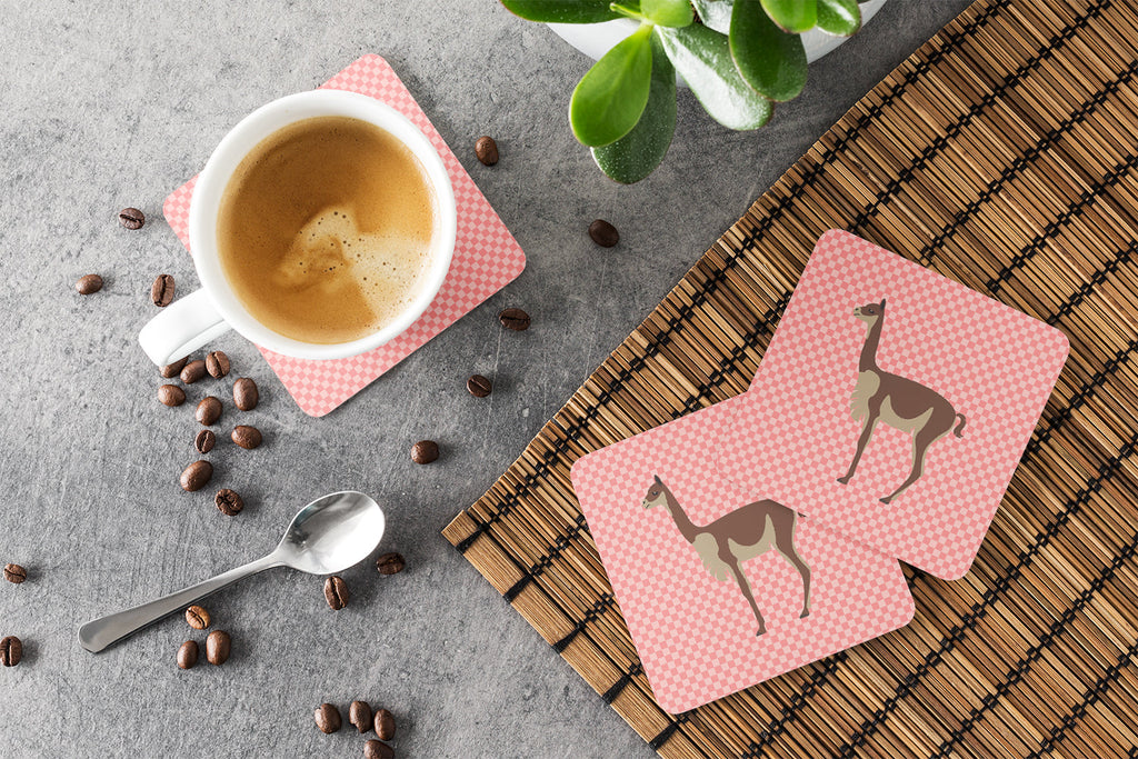 Vicugna or Vicuna Pink Check Foam Coasters Set of 4 Cup Coasters for Indoor Outdoor, Tabletop Protection, Anti Slip, Mouse pad Material