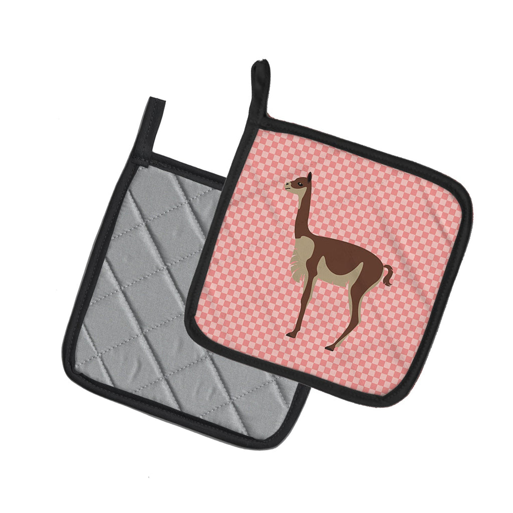 Vicugna or Vicuna Pink Check Pot Holder Set of 2 Heat Resistant Quilted Hot Pads 7.5 x 7.5 Inch, Insulated Kitchen Trivets for Cooking & Baking