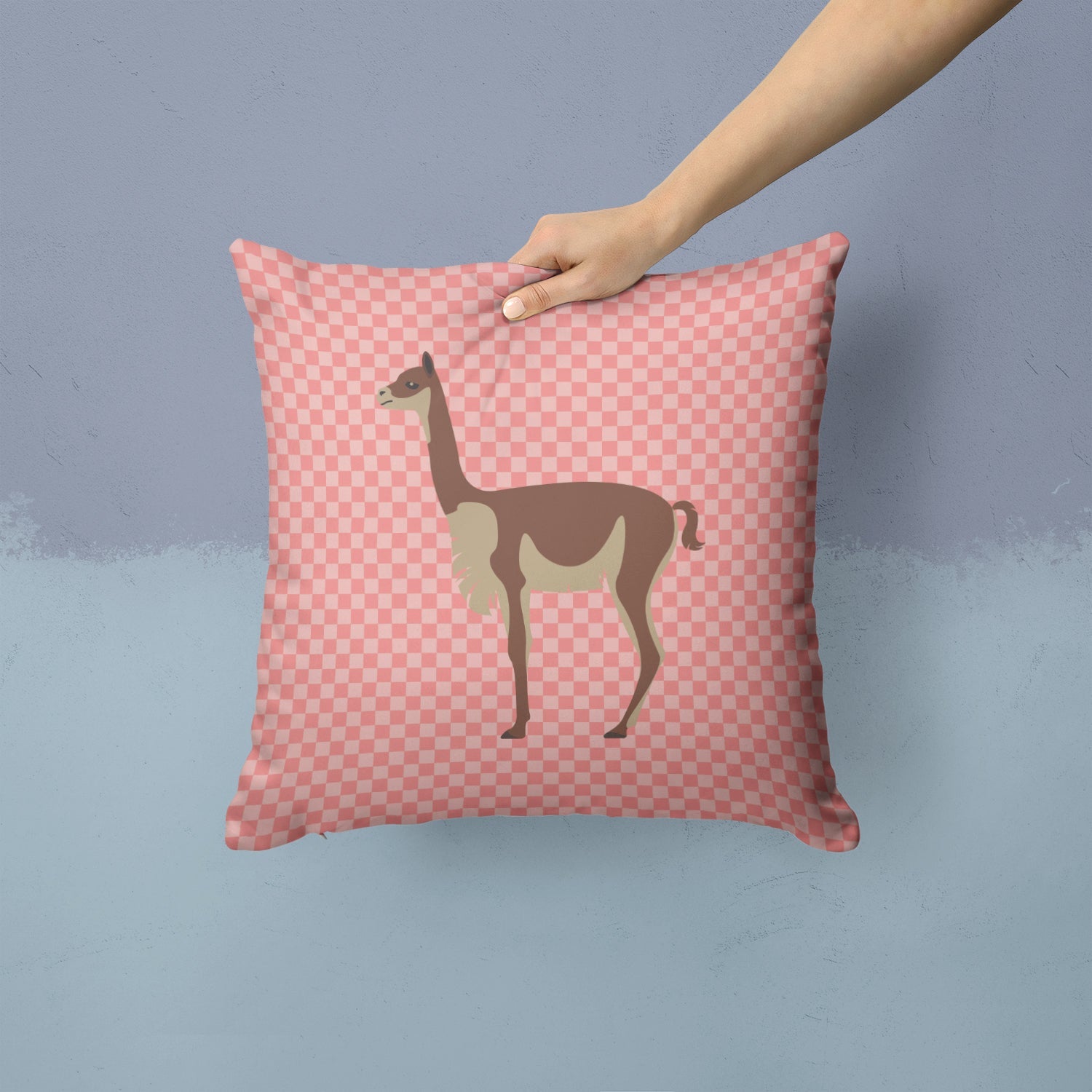 Vicugna or Vicuna Pink Check Decorative Throw Pillow 14x14 Indoor Outdoor Accent Cushion, Fabric Cover with Insert for Sofa, Bed, Porch & Living Room
