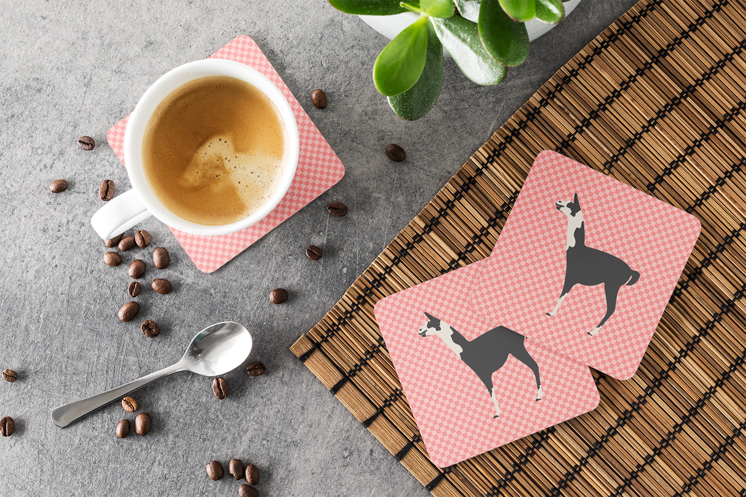 Llama Q' Ara Pink Check Foam Coasters Set of 4 Cup Coasters for Indoor Outdoor, Tabletop Protection, Anti Slip, Mouse pad Material