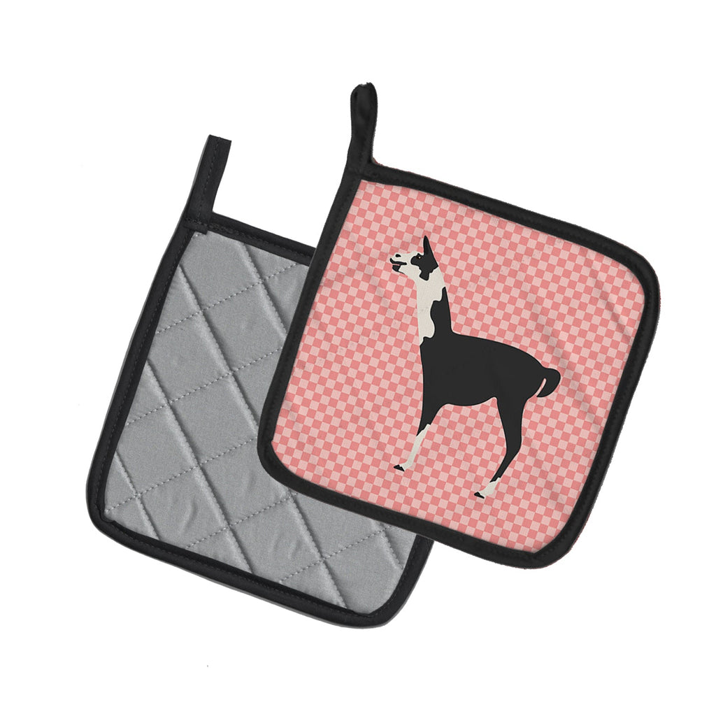 Llama Q' Ara Pink Check Pot Holder Set of 2 Heat Resistant Quilted Hot Pads 7.5 x 7.5 Inch, Insulated Kitchen Trivets for Cooking & Baking
