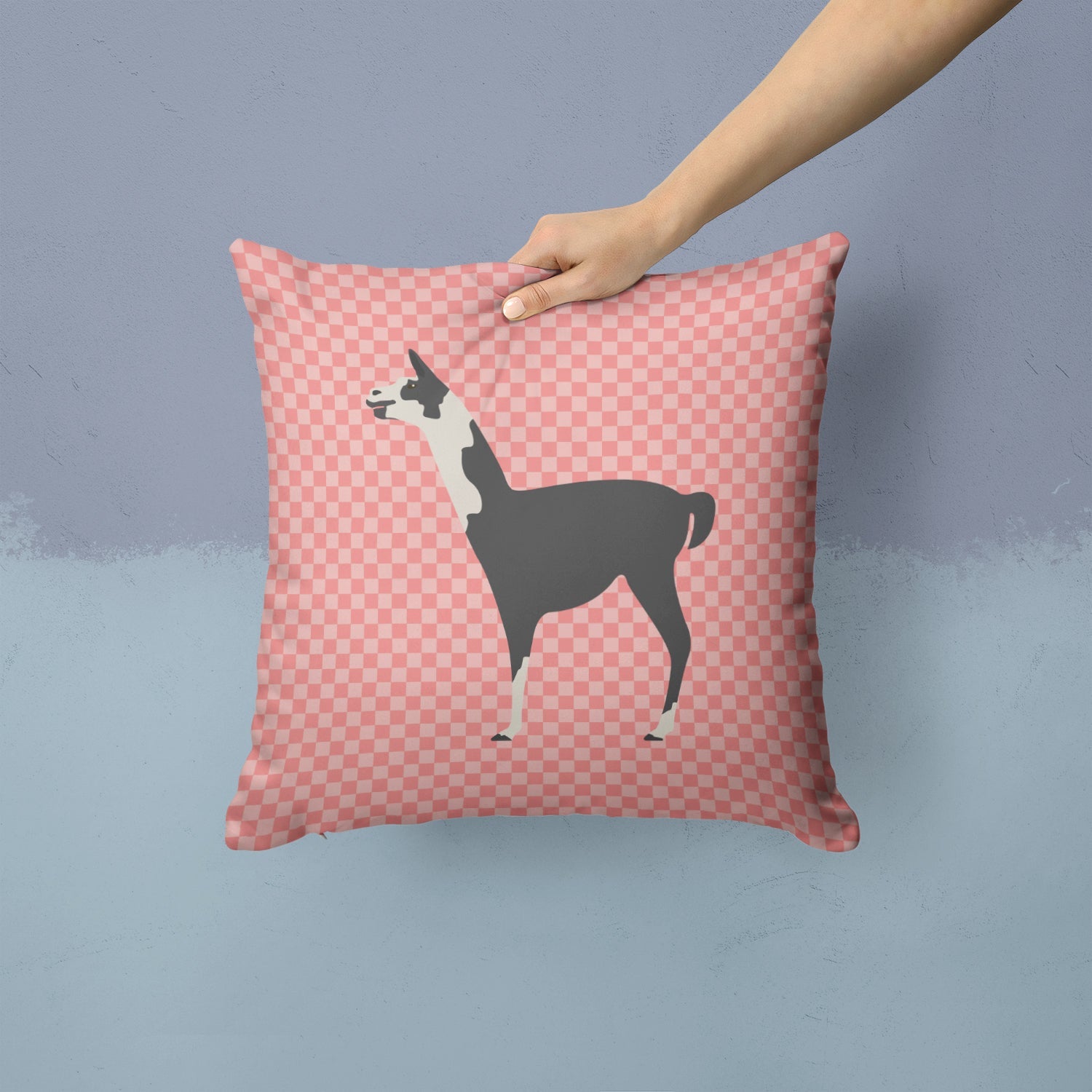 Llama Q' Ara Pink Check Decorative Throw Pillow 14x14 Indoor Outdoor Accent Cushion, Fabric Cover with Insert for Sofa, Bed, Porch & Living Room