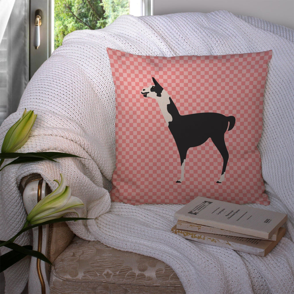 Llama Q' Ara Pink Check Decorative Throw Pillow 14x14 Indoor Outdoor Accent Cushion, Fabric Cover with Insert for Sofa, Bed, Porch & Living Room