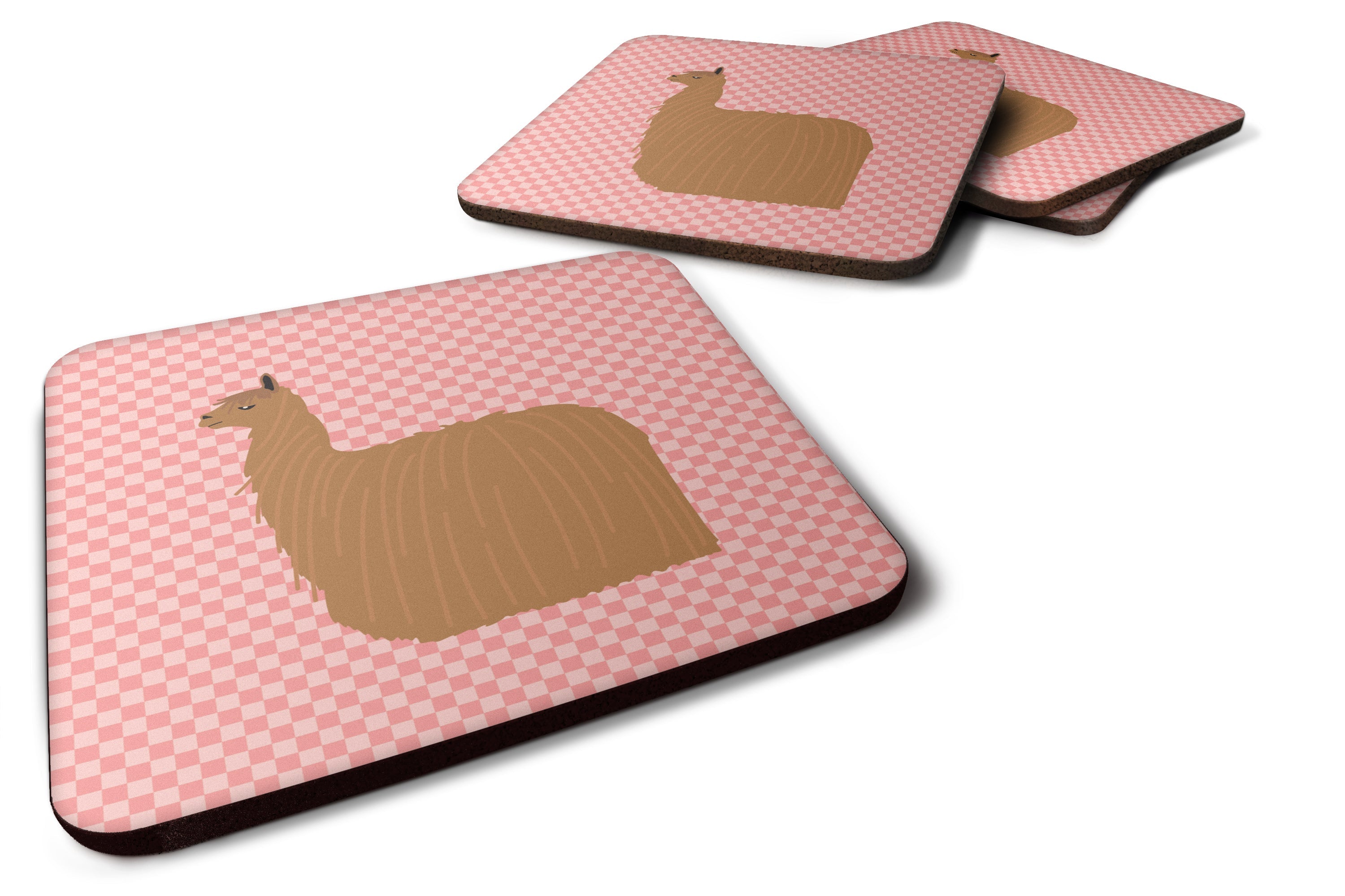Alpaca Suri Pink Check Foam Coasters Set of 4 Cup Coasters for Indoor Outdoor, Tabletop Protection, Anti Slip, Mouse pad Material