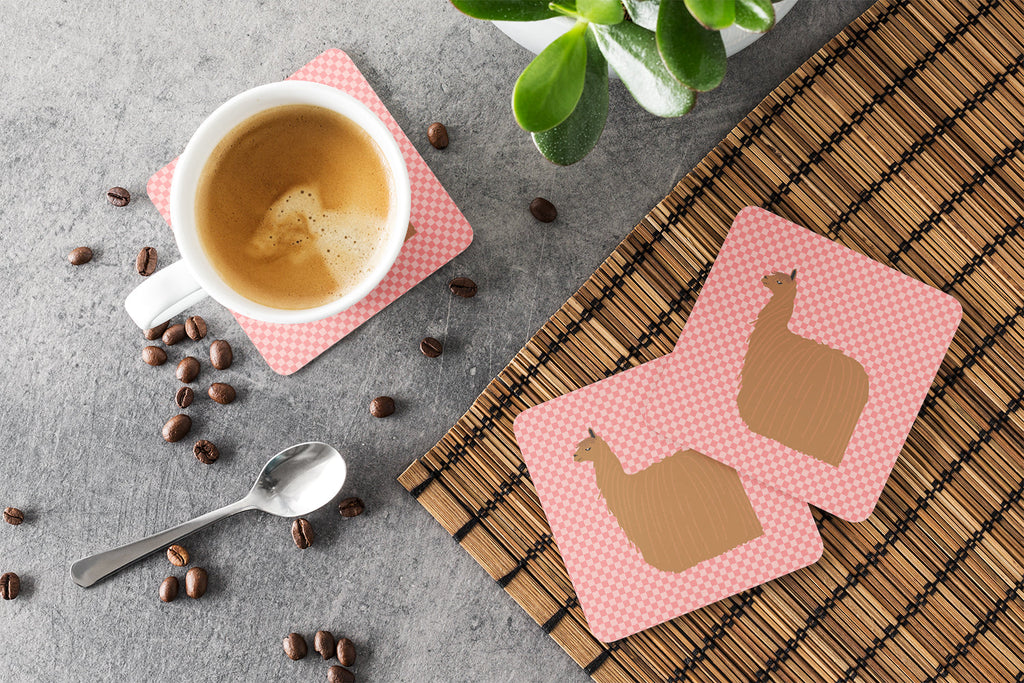 Alpaca Suri Pink Check Foam Coasters Set of 4 Cup Coasters for Indoor Outdoor, Tabletop Protection, Anti Slip, Mouse pad Material
