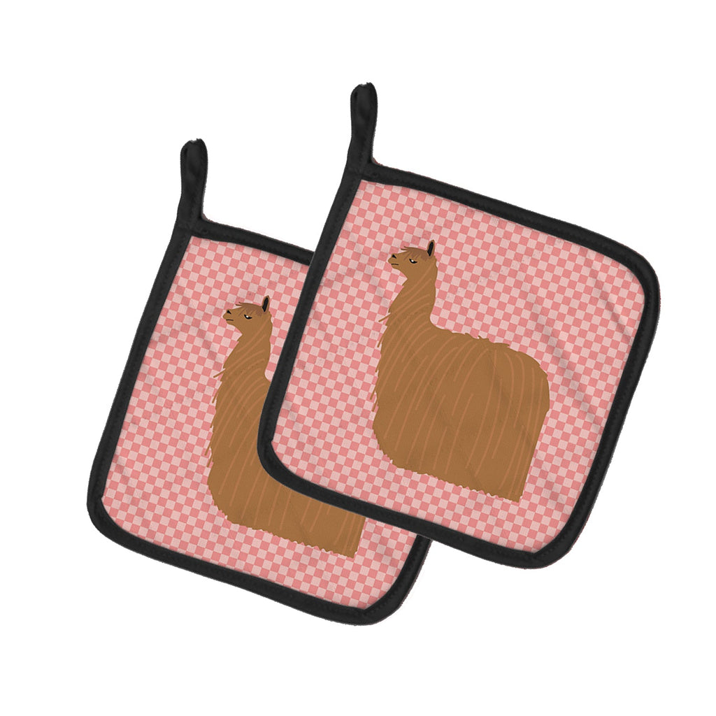 Alpaca Suri Pink Check Pot Holder Set of 2 Heat Resistant Quilted Hot Pads 7.5 x 7.5 Inch, Insulated Kitchen Trivets for Cooking & Baking