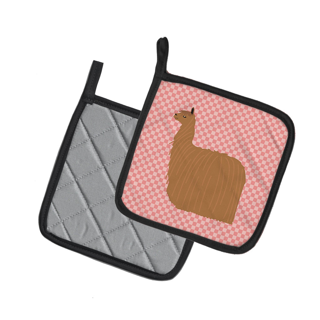 Alpaca Suri Pink Check Pot Holder Set of 2 Heat Resistant Quilted Hot Pads 7.5 x 7.5 Inch, Insulated Kitchen Trivets for Cooking & Baking