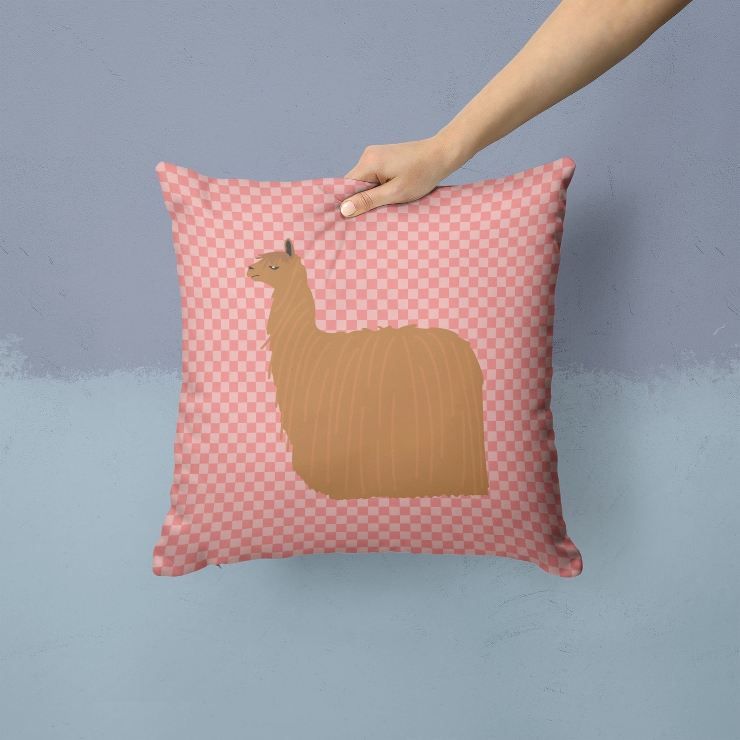 Alpaca Suri Pink Check Decorative Throw Pillow 14x14 Indoor Outdoor Accent Cushion, Fabric Cover with Insert for Sofa, Bed, Porch & Living Room