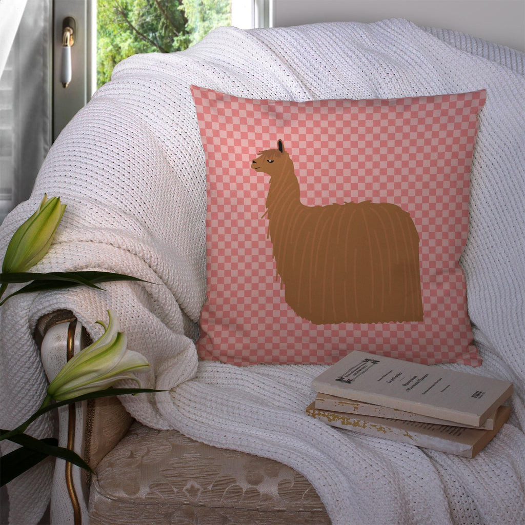 Alpaca Suri Pink Check Decorative Throw Pillow 14x14 Indoor Outdoor Accent Cushion, Fabric Cover with Insert for Sofa, Bed, Porch & Living Room