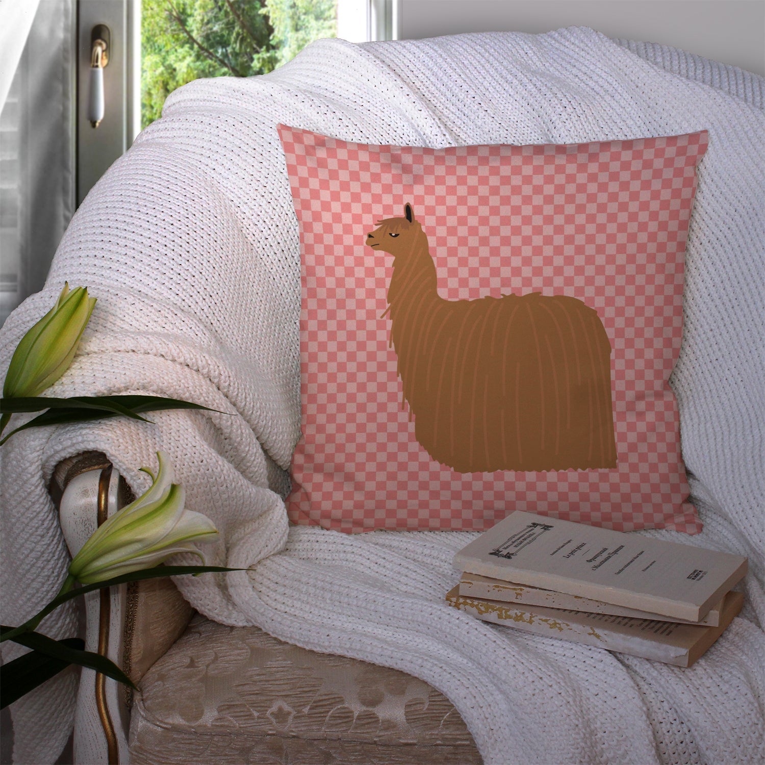 Alpaca Suri Pink Check Decorative Throw Pillow 14x14 Indoor Outdoor Accent Cushion, Fabric Cover with Insert for Sofa, Bed, Porch & Living Room
